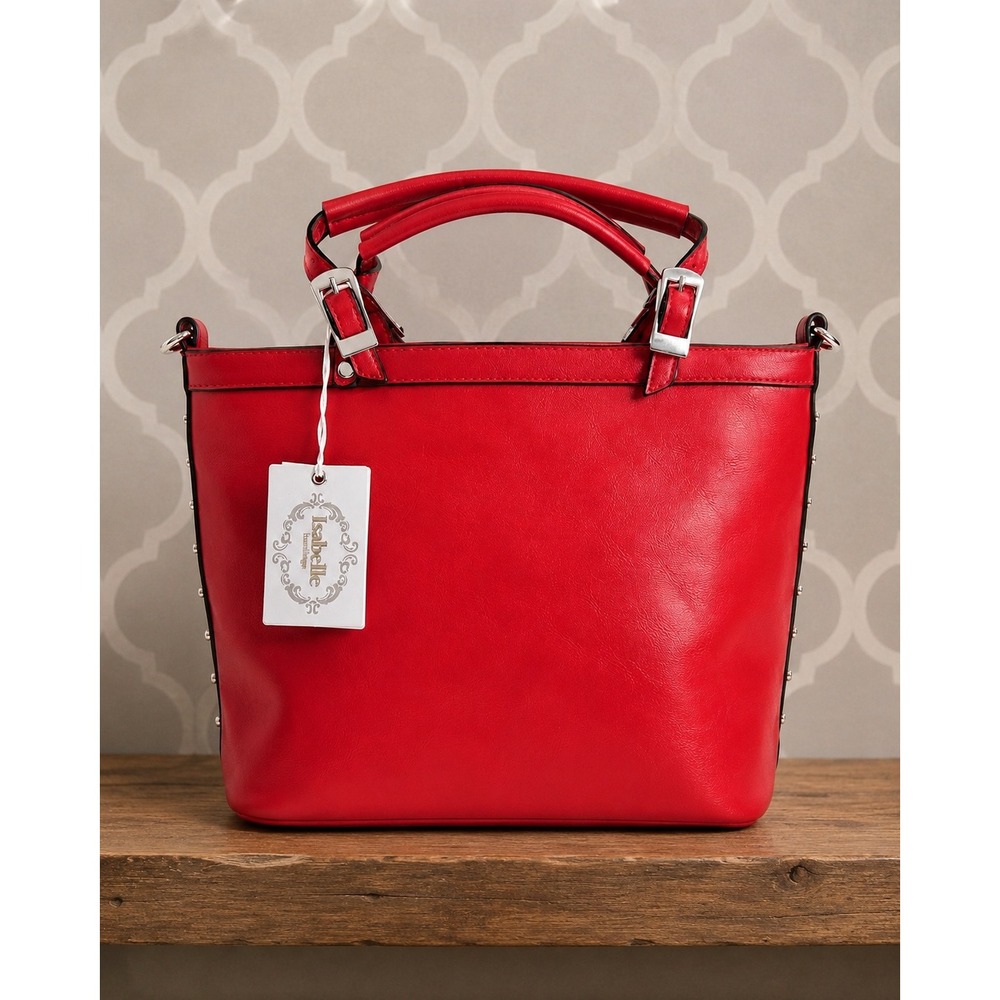 Isabelle Red Studded Satchel Top Handle Bag with Detachable Strap Zip Closure